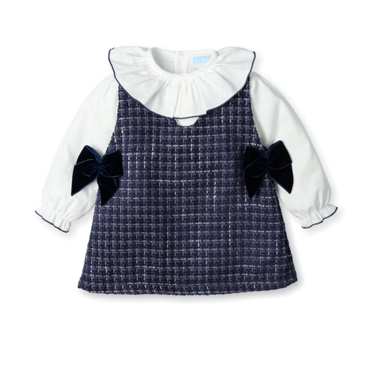 Conjunto Menina Vestido em Tweed Azul-Marinho + Camisa Branca - Mac Ilusion