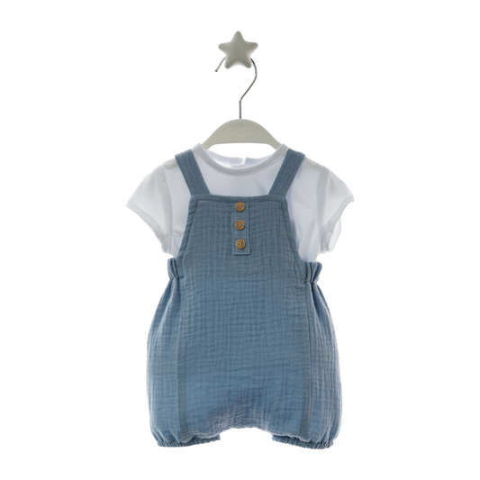 Jardineiras bebé Azul em Musselina com T-shirt Branca - Micolino