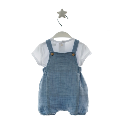 Jardineiras bebé Azul em Musselina com T-shirt Branca - Micolino