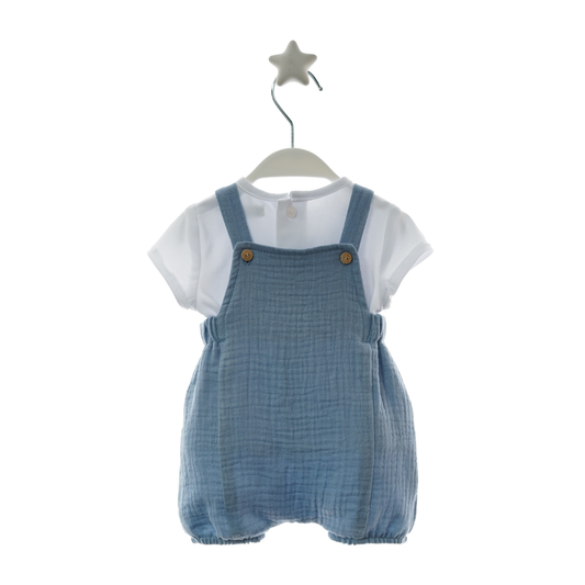 Jardineiras bebé Azul em Musselina com T-shirt Branca - Micolino