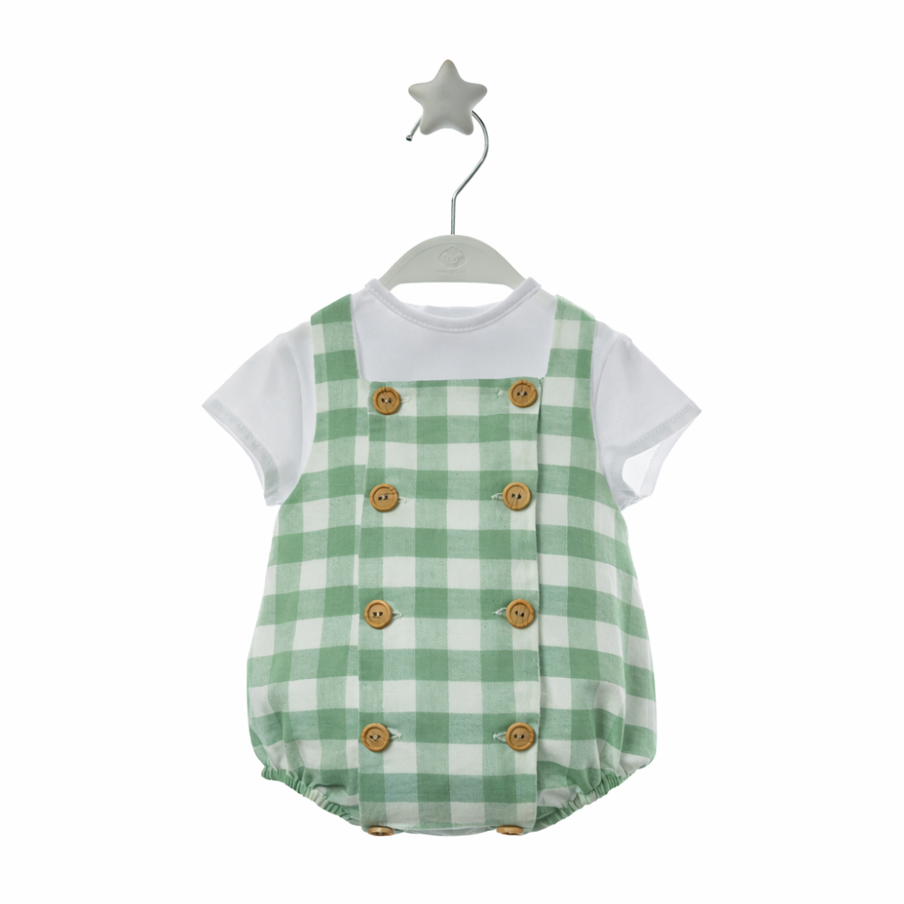 Fofo bebé Vichy verde com T-shirt Branca e Botões Madeira - Micolino