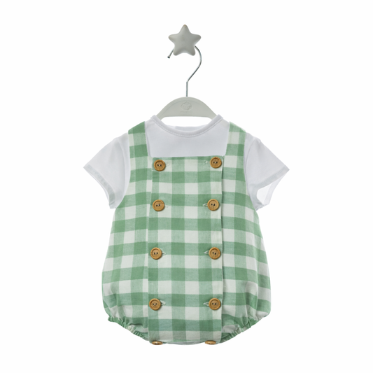 Fofo bebé Vichy verde com T-shirt Branca e Botões Madeira - Micolino