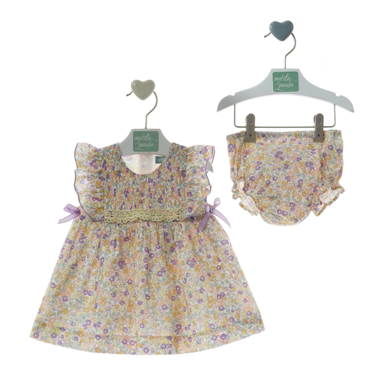 Vestido Floral Curto e Tapa-fraldas (Laços Lilás)- Marta Y Paula