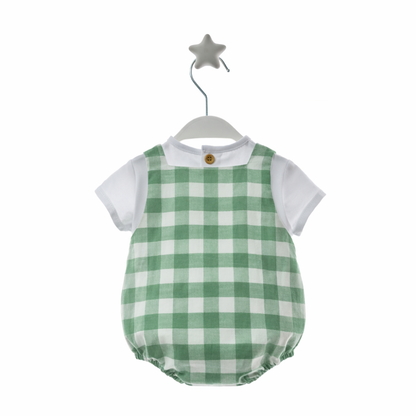 Fofo bebé Vichy verde com T-shirt Branca e Botões Madeira - Micolino