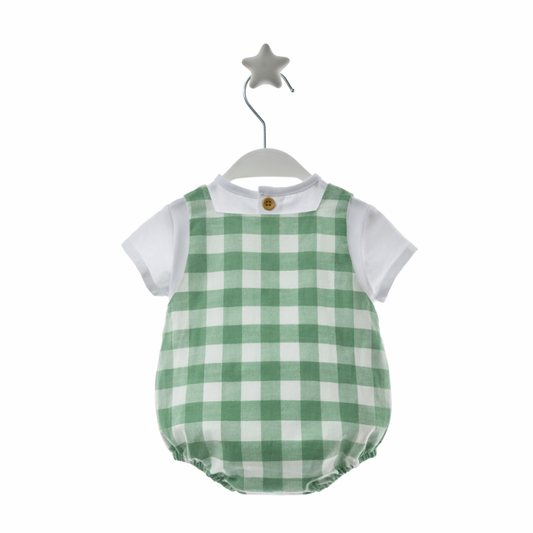 Fofo bebé Vichy verde com T-shirt Branca e Botões Madeira - Micolino