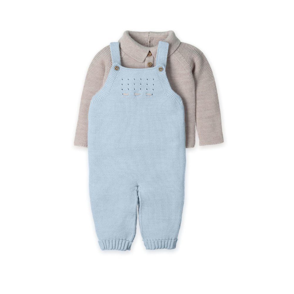 Conjunto Bebé em Malha Azul e Bege com Jardineira - Mac Ilusión