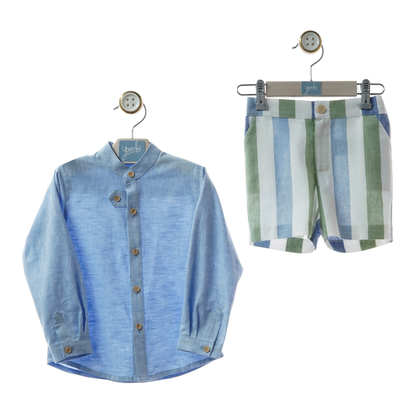 Conjunto Menino – Camisa Azul + Calção às Riscas Verde e Azul - Yoedu