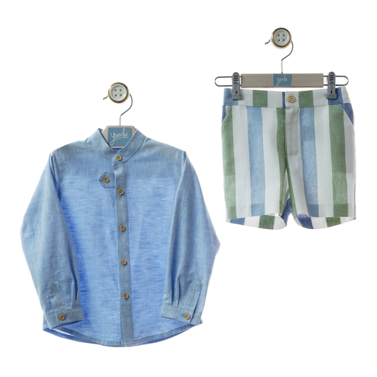 Conjunto Menino – Camisa Azul + Calção às Riscas Verde e Azul - Yoedu