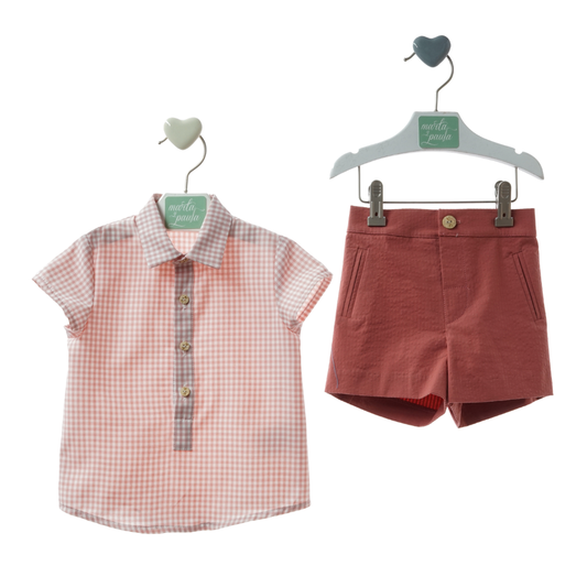 Conjunto Camisa Vichy Rosa e Calções Terracota - Marta Y