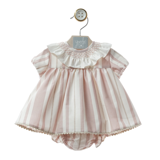 Vestido Curto às Riscas Rosa com Gola Branca e Tapa-fraldas - Yoedu