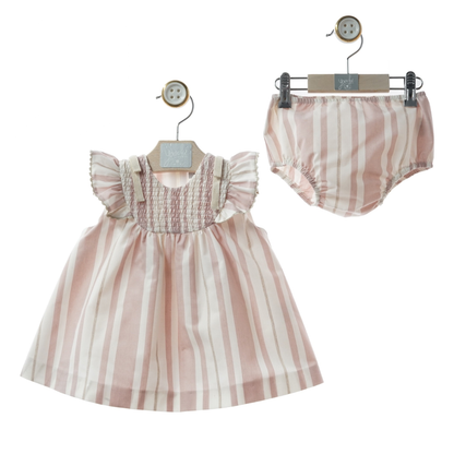 Conjunto Vestido Curto às Riscas Rosa com Peito Smock + Tapa-fraldas - Yoedu