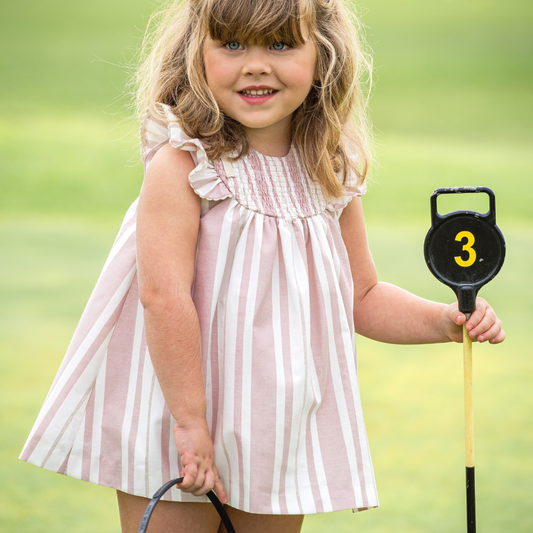 Conjunto Vestido Curto às Riscas Rosa com Peito Smock + Tapa-fraldas - Yoedu