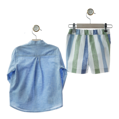 Conjunto Menino – Camisa Azul + Calção às Riscas Verde e Azul - Yoedu