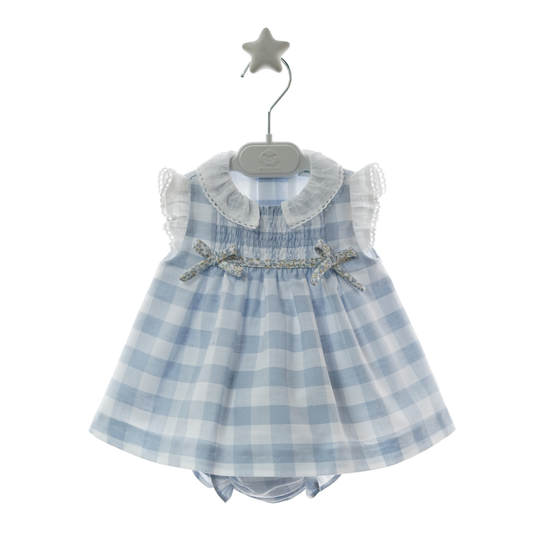 Vestido bebé Vichy Azul com Gola em Renda e Tapa-fraldas- Micolino