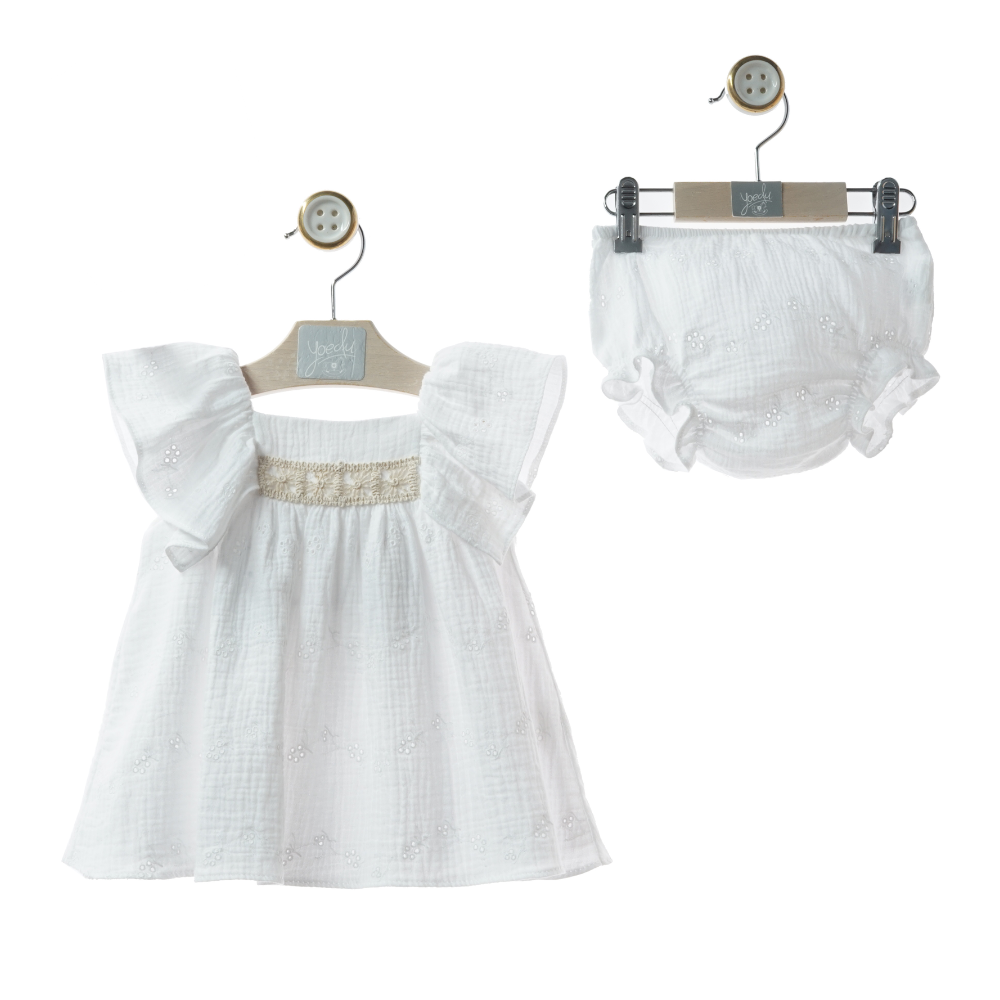 Conjunto Vestido Curto Branco em Algodão Bordado + Tapa-fraldas (Laço Vichy) - Yoedu