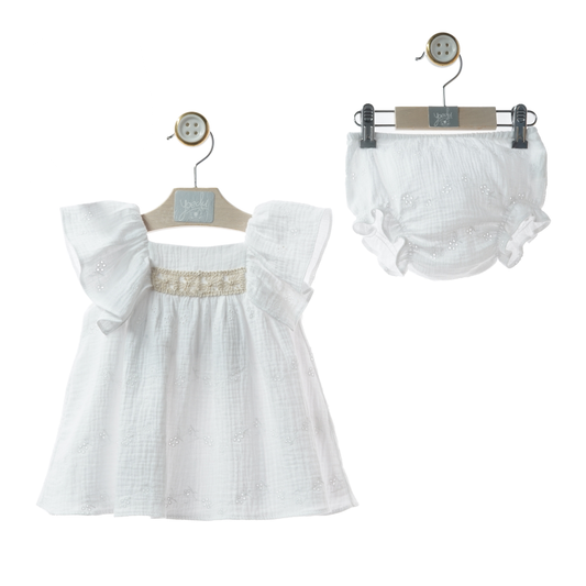 Conjunto Vestido Curto Branco em Algodão Bordado + Tapa-fraldas (Laço Vichy) - Yoedu