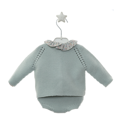 Conjunto 3 Peças de Malha Verde Água com Gola Floral - Micolino