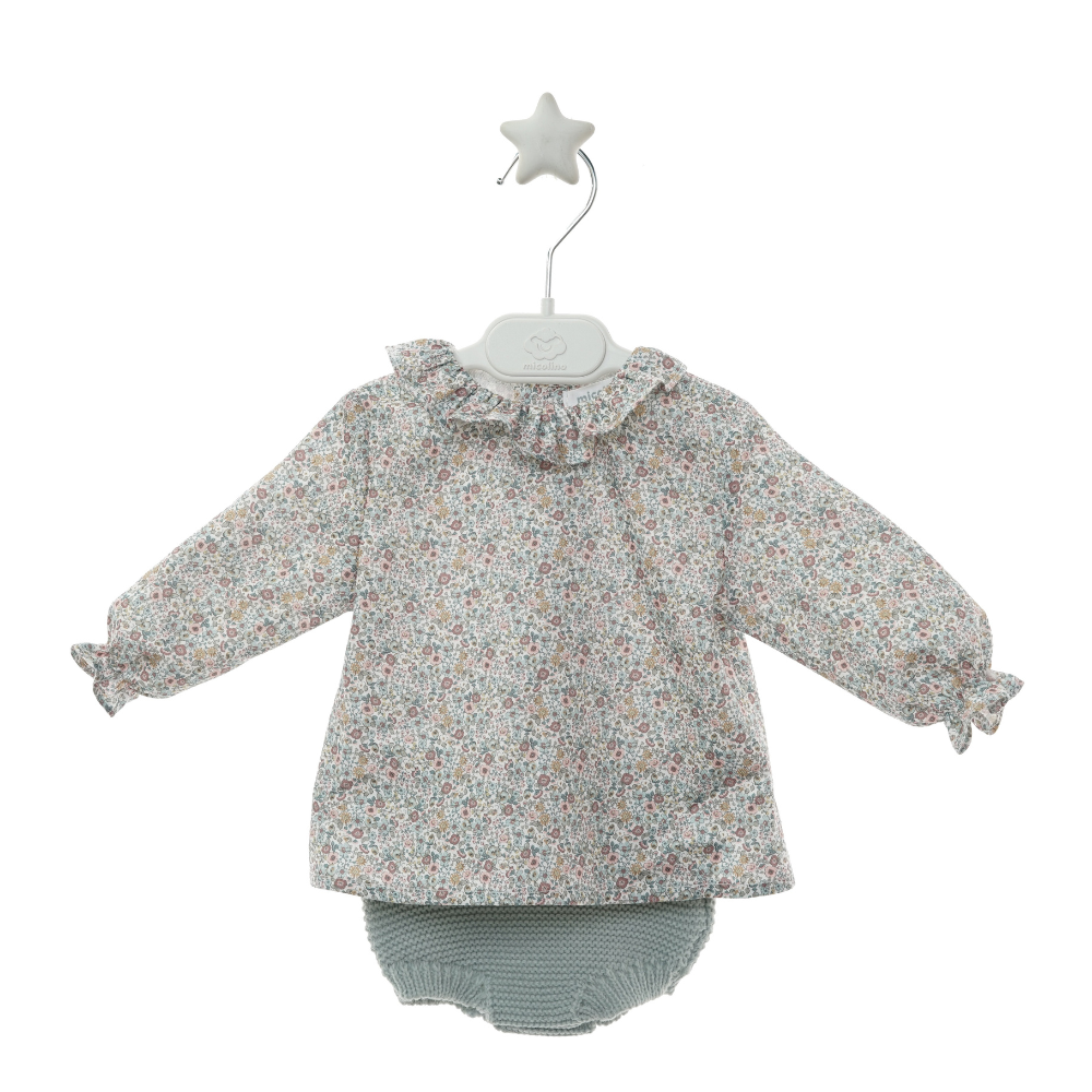 Conjunto 3 Peças de Malha Verde Água com Gola Floral - Micolino
