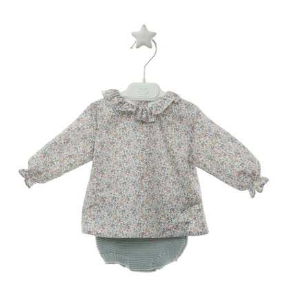Conjunto 3 Peças de Malha Verde Água com Gola Floral - Micolino