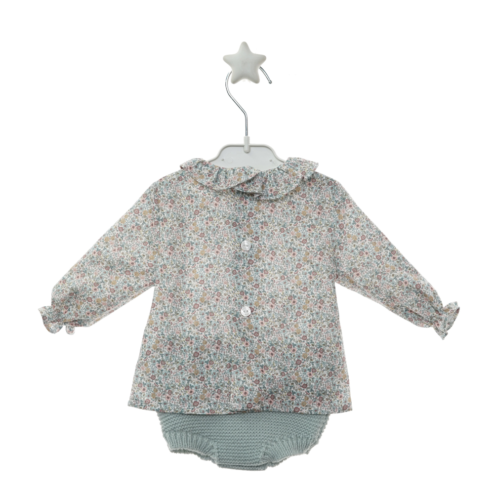 Conjunto 3 Peças de Malha Verde Água com Gola Floral - Micolino