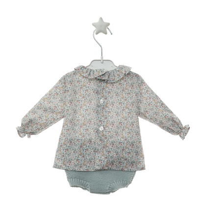 Conjunto 3 Peças de Malha Verde Água com Gola Floral - Micolino