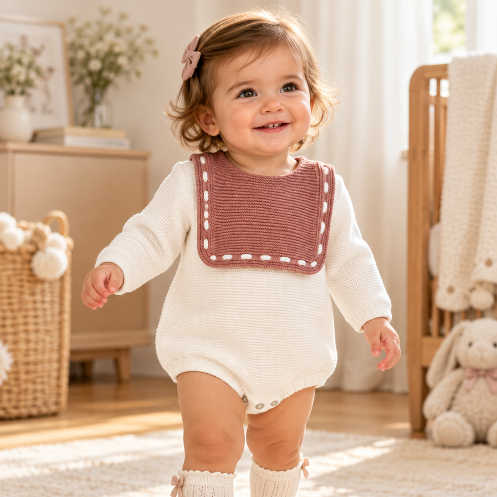 Fofo de Bebé em Tricot Branco com Peitilho Rosa