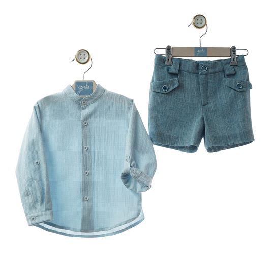 Conjunto Menino Camisa Azul-Claro e Calções Azul Petróleo - Yoedu