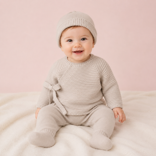 Conjunto Bebé em Malha Bege com Laço e Gorro- Mac Ilusión