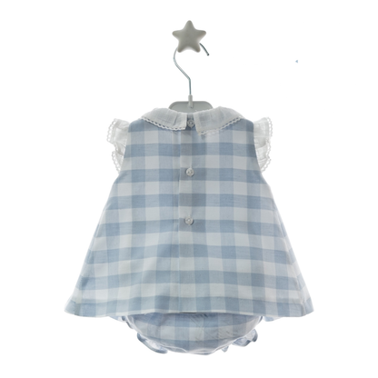 Vestido bebé Vichy Azul com Gola em Renda e Tapa-fraldas- Micolino