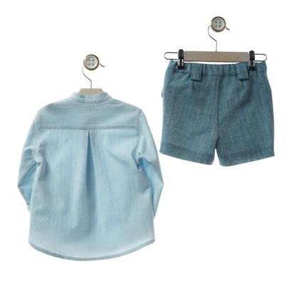 Conjunto Menino Camisa Azul-Claro e Calções Azul Petróleo - Yoedu