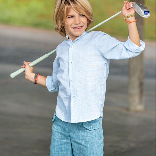 Conjunto Menino Camisa Azul-Claro e Calções Azul Petróleo - Yoedu