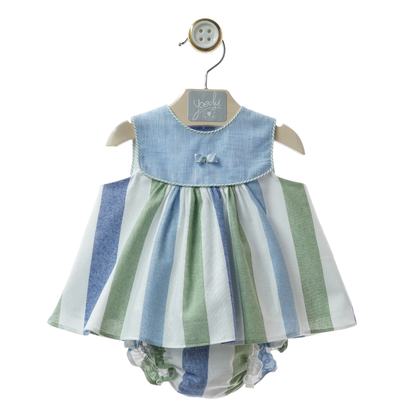 Vestido Curto às Riscas Verde e Azul com Tapa-fraldas - Yoedu