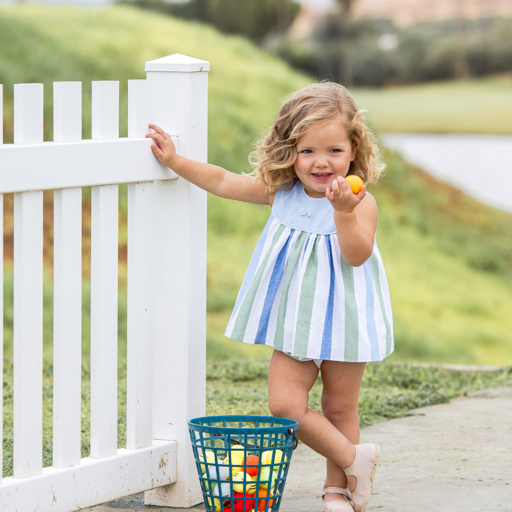 Vestido Curto às Riscas Verde e Azul com Tapa-fraldas - Yoedu