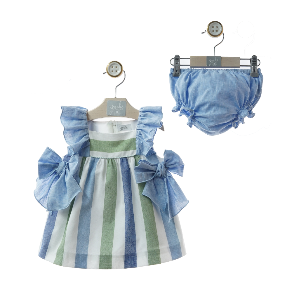 Vestido Curto às Riscas Verde e Azul com Laços Laterais + Tapa-fraldas Azul - Yoedu
