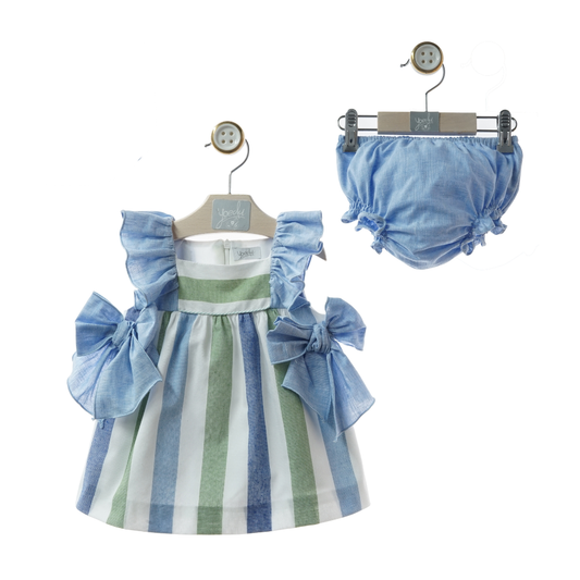 Vestido Curto às Riscas Verde e Azul com Laços Laterais + Tapa-fraldas Azul - Yoedu