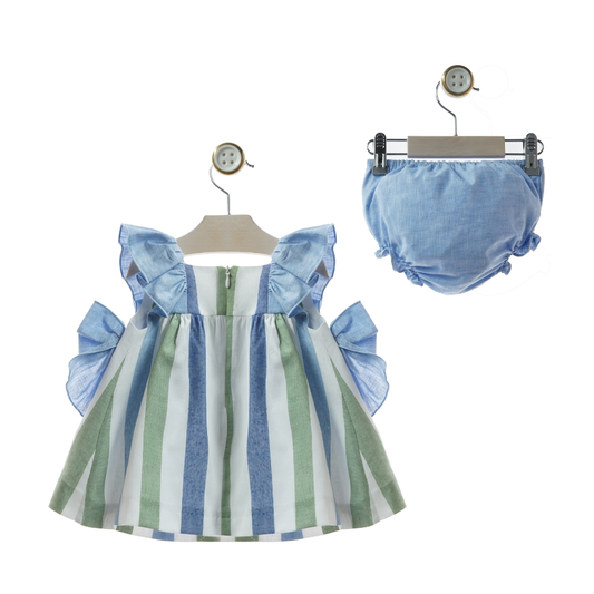 Vestido Curto às Riscas Verde e Azul com Laços Laterais + Tapa-fraldas Azul - Yoedu