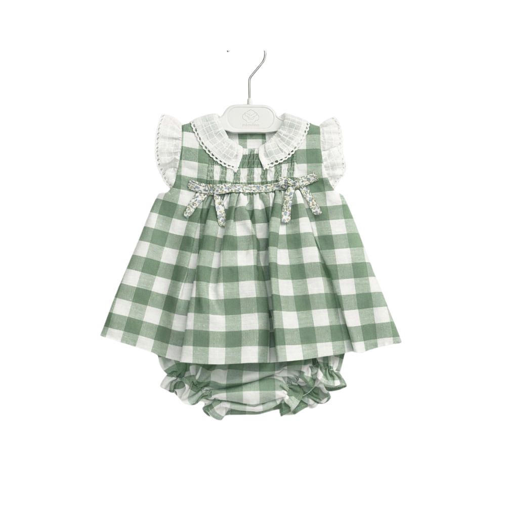 Vestido bebé Vichy verde com Gola em Renda e Tapa-fraldas- Micolino