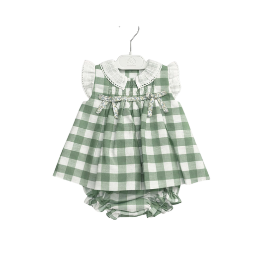 Vestido bebé Vichy verde com Gola em Renda e Tapa-fraldas- Micolino