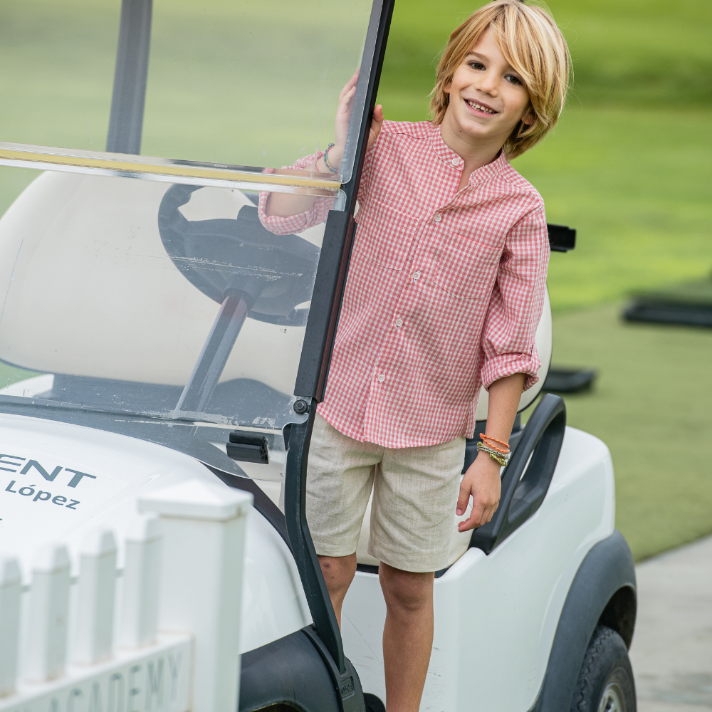 Conjunto Menino Camisa Vichy Coral e Calções Bege - Yoedu