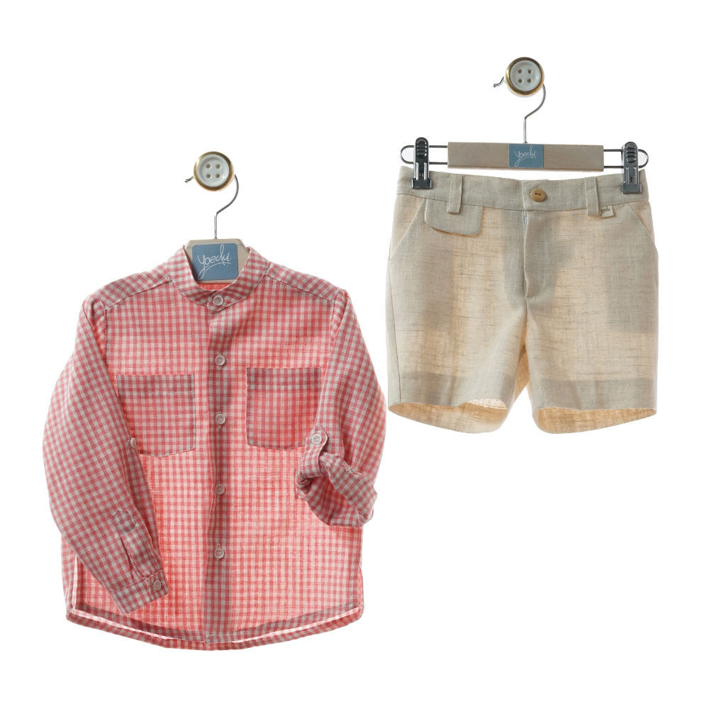 Conjunto Menino Camisa Vichy Coral e Calções Bege - Yoedu