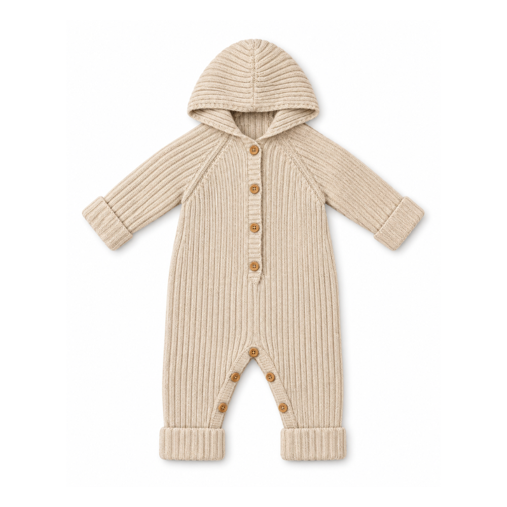 Macacão de Bebé em Tricot Bege com Capuz - Babby