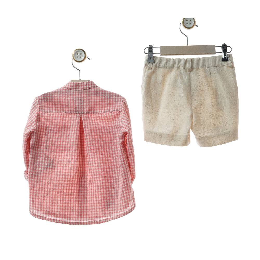 Conjunto Menino Camisa Vichy Coral e Calções Bege - Yoedu