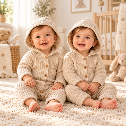 Macacão de Bebé em Tricot Bege com Capuz - Babby