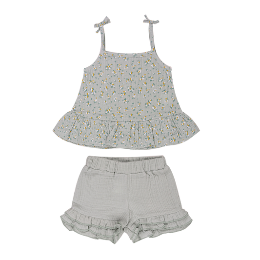 Conjunto Verde Água com Top Floral e Calções - EMC
