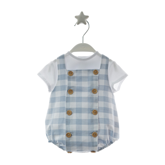 Fofo bebé Vichy Azul com T-shirt Branca e Botões Madeira - Micolino