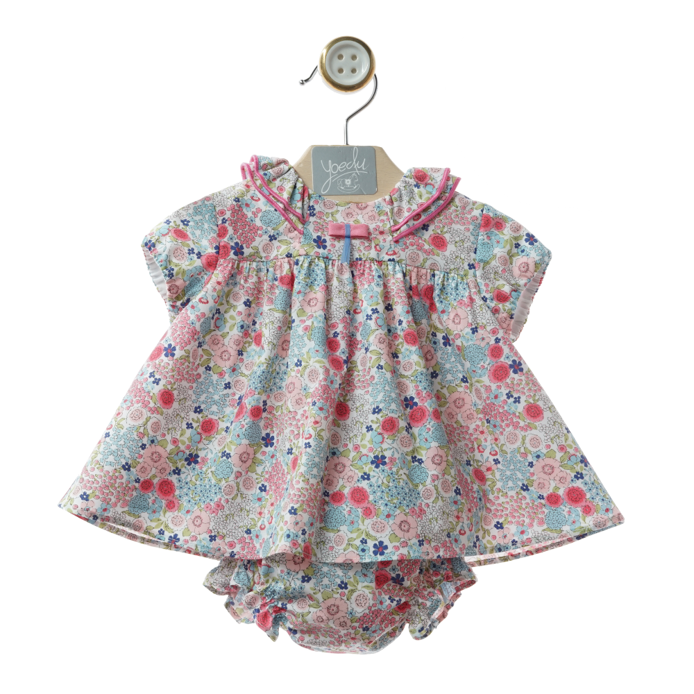 Vestido com Tapa-Fraldas Floral com Gola de Folhos - Yoedu