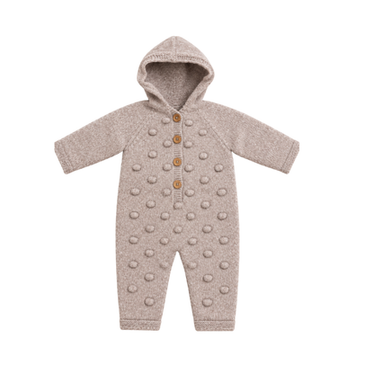Macacão de Bebé em Tricot Bege com Capuz e Pompons - Babby