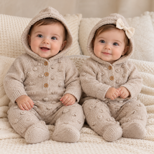 Macacão de Bebé em Tricot Bege com Capuz e Pompons - Babby