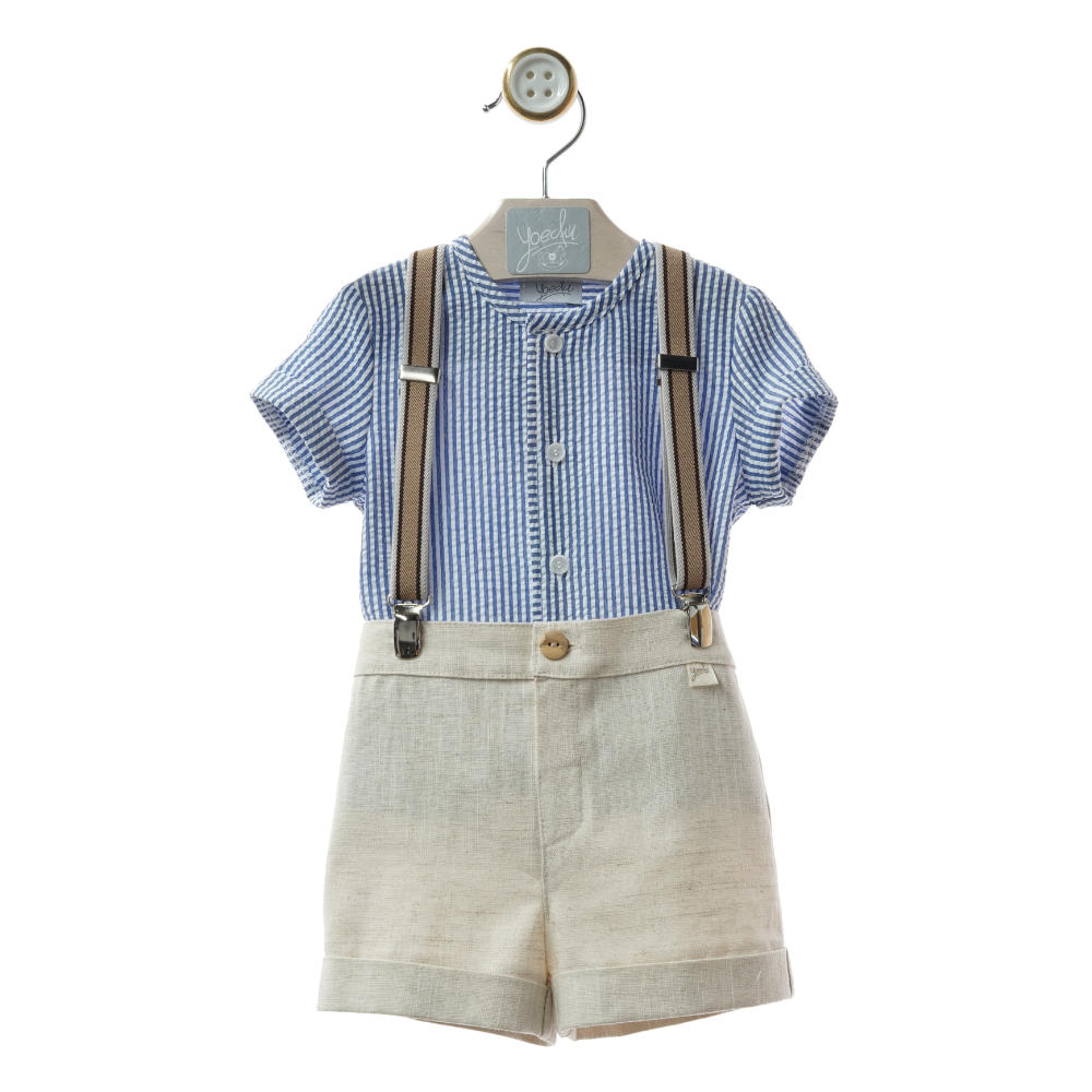 Conjunto Menino com Suspensórios e Camisa às Riscas Azuis- Yoedu