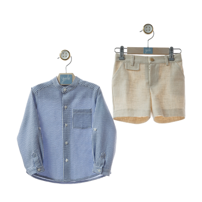 Conjunto Menino Camisa às Riscas + Calção Bege- Yoedu